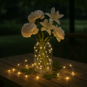 Décoration de table DIY avec un vase lumineux contenant des pivoines et des lys blancs, illuminé par un fil Micro LED blanc chaud Blachère Illumination.