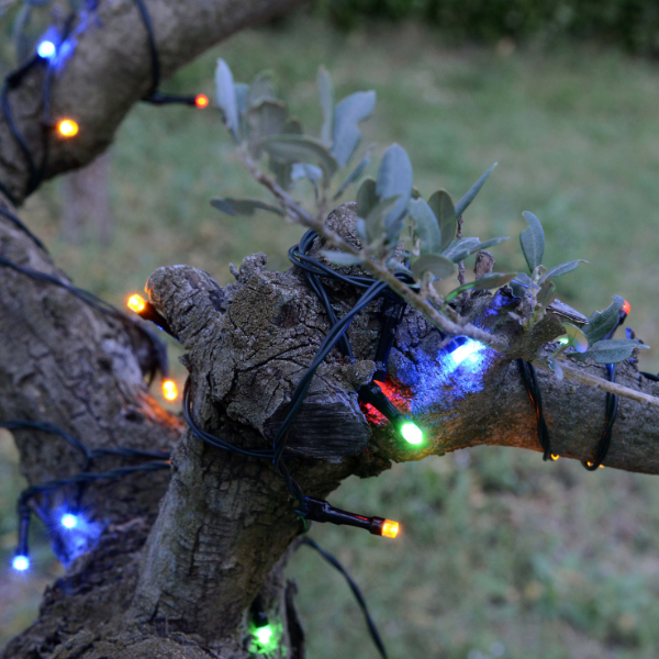 Guirlande LED solaire de chez Blachère Illumination Store qui illumine un arbre.
