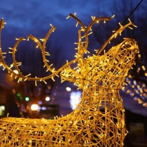 Renne lumineux en fil métallique avec illumination LED dorée, créant une décoration festive pour les villes en extérieur